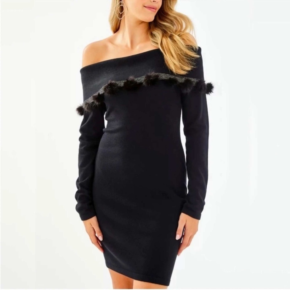 Lilly Pulitzer Sweater Dress Women Small Black Dunham Off-Shoulder Pom-Pom Knit